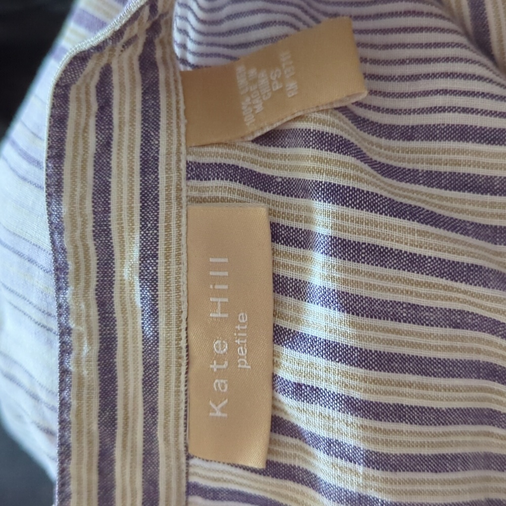 Kate Hill Petite Blue Yellow and White Striped Linen 3/4 Front Button Top S PS - Picture 3 of 7